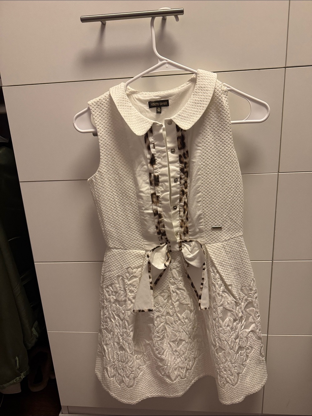 Roberto Cavalli White Textured Sleeveless Dress with Leopard-Trim Bow